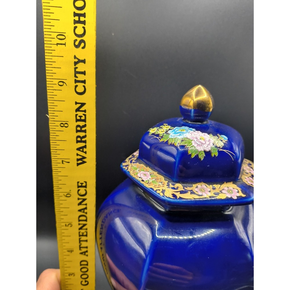 Vintage 1970-80s Japanese Cobalt Blue Ginger Jar - Golden Love Peacock 9" Lidded - Picture 4 of 13